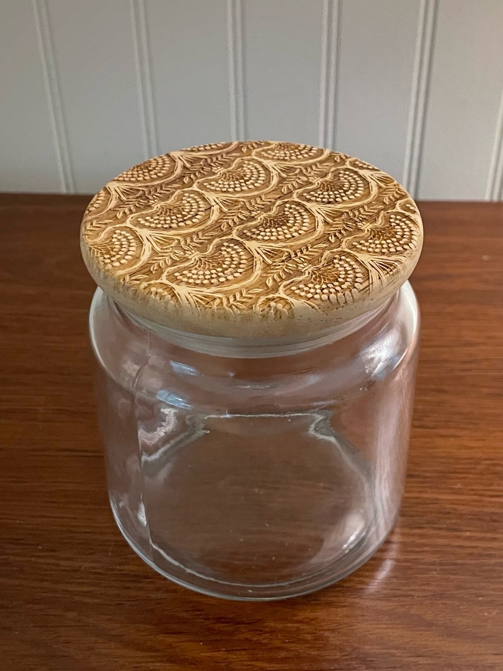 Glass Storage Jar with Etched Wood Lid